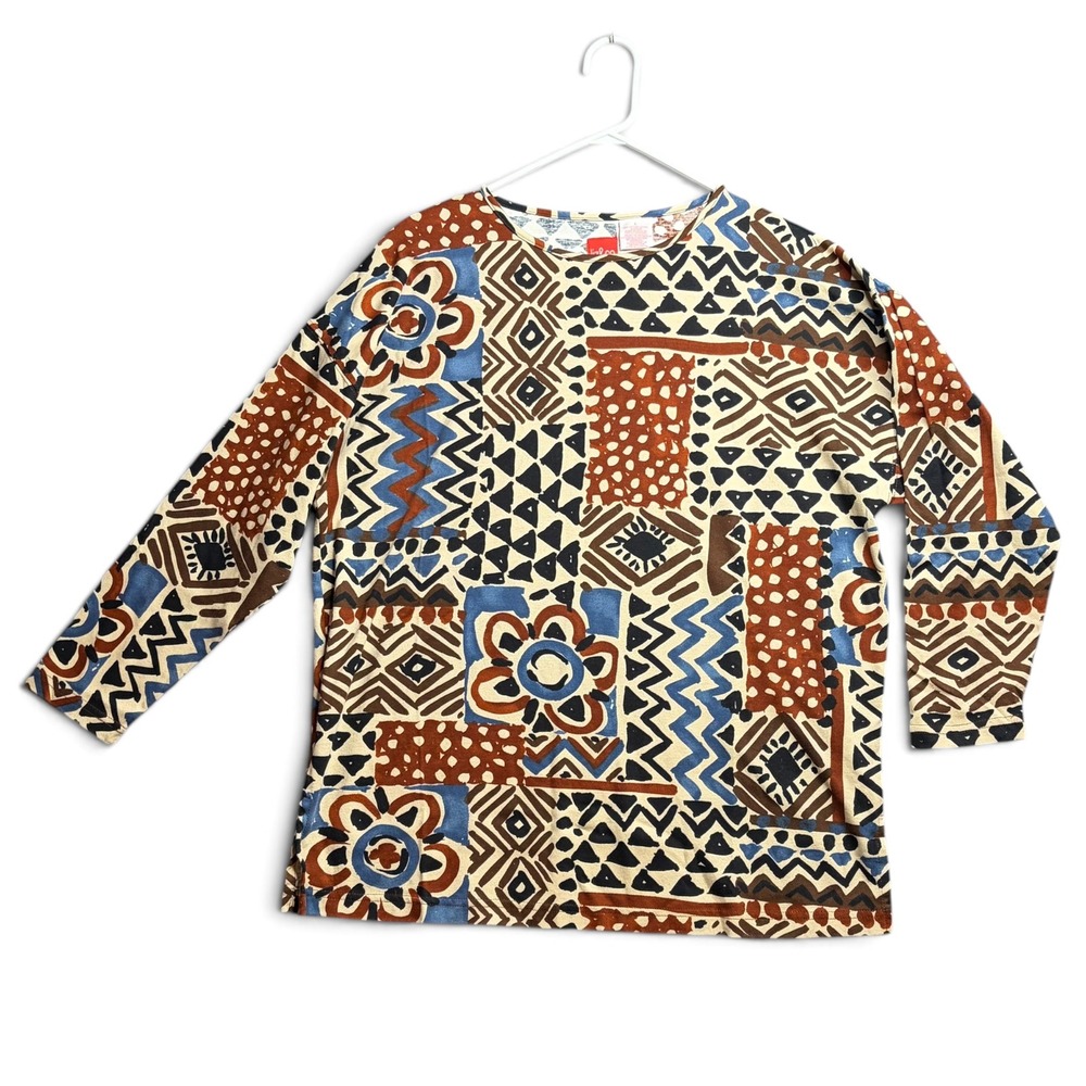 Liz & Co Womens Large Cotton Geometric Floral Patchwork Print Long Sleeve Top